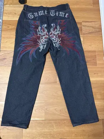 리짓 데님 자수 팬츠 블랙 와이드 실루엣 스트릿 스타일 구제 의류 Y2K