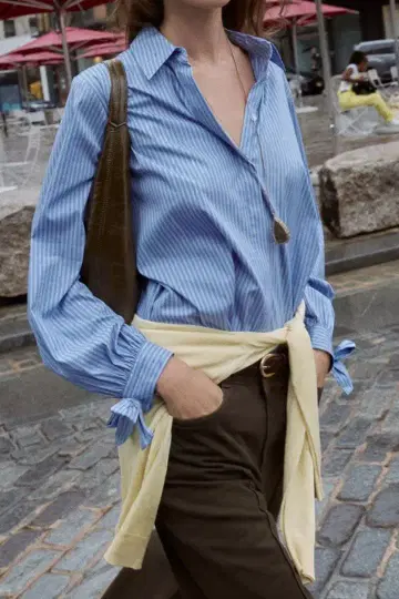 거의 미사용 ZARA 스트라이프 리본 포함 포플린 셔츠 자라