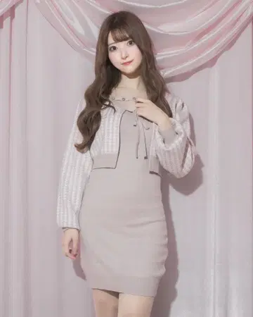 pium 비쥬 테이프 니트 원피스 세트 핑크