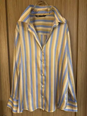 ZARA 새틴 M 스트라이프 긴팔 셔츠 스카이블루 베이지