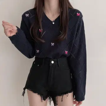 플라워 자수 펀칭 V넥 크롭 니트