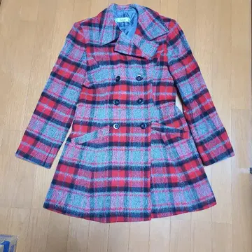 울 혼방 더블 브레스트 롱 코트 체크 무늬