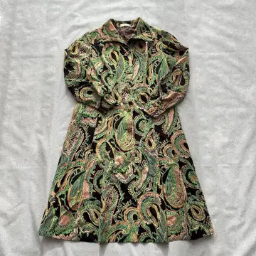 빈티지 페이즐리 무늬 원피스 긴팔 레트로 그린 올 패턴 개성파