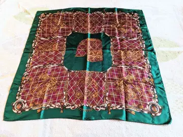 실크 스카프 그린 컬러 골드 컬러 무늬 일본제 레트로 실크 100%