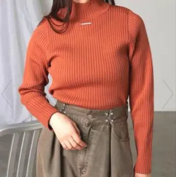 레이 카즌 RAYCASSIN 하이넥 소매 배색 리브 니트 오렌지 리브