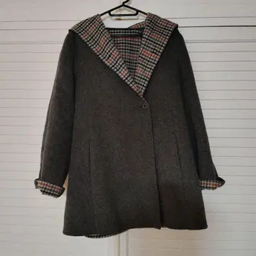 울 코트 그레이 체크 무늬 후드 부착