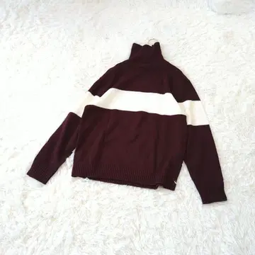 GU 지유 스탠드 카라 바이컬러 버건디/화이트 스웨터 M