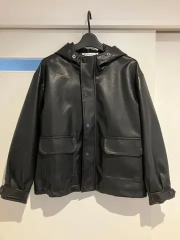 블랙 후드 부착 합성 피혁 자켓 인조 가죽 M