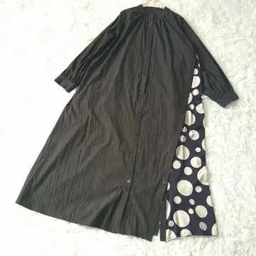 material 밴드 카라 도트 도킹 롱 원피스 오버 사이즈 F 블랙