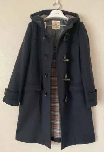 더플 코트 네이비 리버 울 체크 후드 부착 새상품급