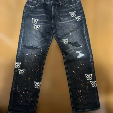 STUGAZI 나비 자수 다크 데님 청바지 32인치