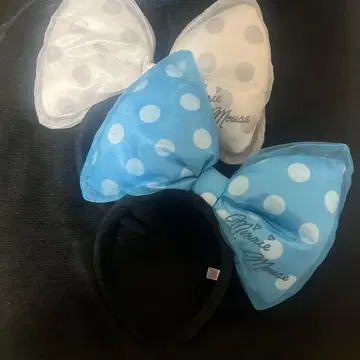 미니 마우스 도트 빅 리본 머리띠 스카이블루 화이트