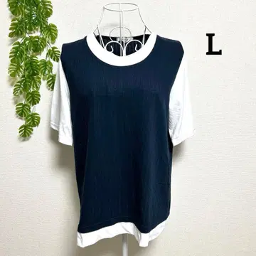 이노센트 남성용 L 반팔 T셔츠 2장 레이어드풍 네이비/화이트