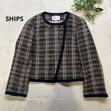 새상품급 쉽스 트위드 노카라 자켓 사이즈M 울 블랙 핑크