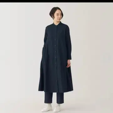무인양품 양면 기모 플란넬 스탠드 카라 긴팔 원피스 다크 네이비