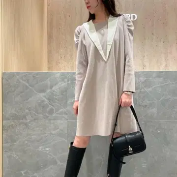 세일러 카라 A라인 니트 원피스 그레이 베이지 36