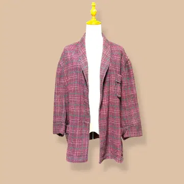 빈티지 타탄 체크 울 자켓 핑크 레트로 오버 사이즈 유로 구제 의류