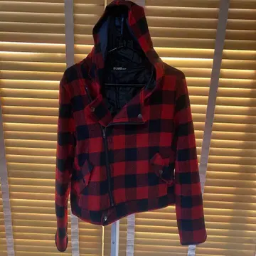 D-LAND 후드 부착 빨간색 블랙 체크 자켓