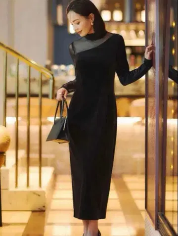 [ anuans ] 시어 콤비 타이트 원피스