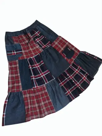 구제 의류 리메이크 허리 전체 밴딩 체크와 데님 리메이크 패치워크 스커트