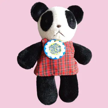 [세탁 완료] 팬더 봉제 인형 빨간색 체크 무늬 의류 포함 레트로 레어
