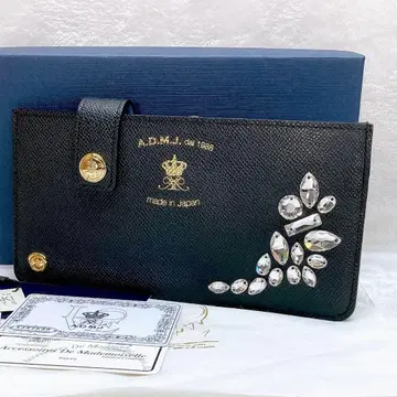 미사용 ADMJ 슬림 지갑 스와로브스키 비쥬 가죽 블랙