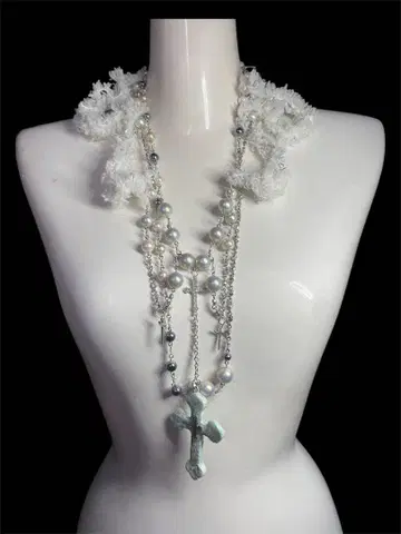 White Lace Pearl Cross Necklace