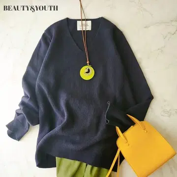 뷰티 앤 유스 V넥 울 스웨터 울 캐시미어 100% 네이비 컬러