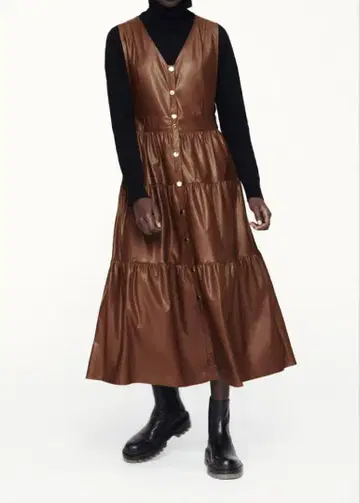ZARA 자라 페이크 레더 티어드 원피스 브라운