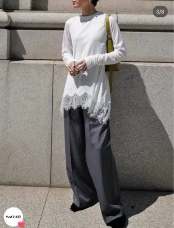 택 포함 새상품 MACHATT 헴 레이스 롱T 화이트 F