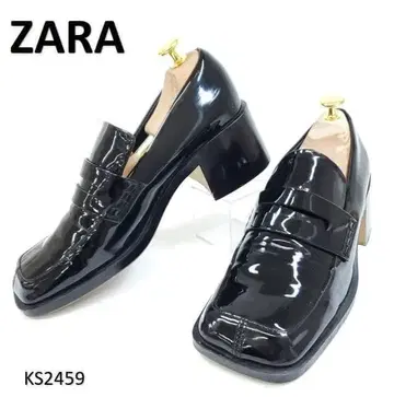 자라 스퀘어토 에나멜 코인 로퍼 와이드 힐 EU38 블랙