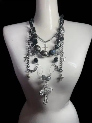 Black Silver Layered Cross Necklace