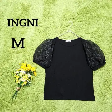 [잉그] 퍼프 슬리브 티셔츠 M 블랙 오간자 소매 이소재 절개
