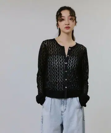 ADAMETROPE'FEMME 레이스 저지 가디건 블랙