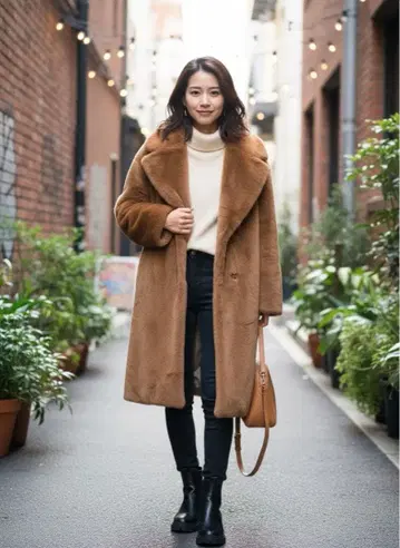 브라운 인조 모피 롱 코트