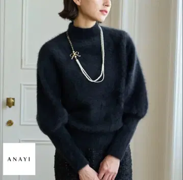 새상품급 ANAYI FLUFFY 천축 퍼프 슬리브 캐시미어 퍼 니트 블랙