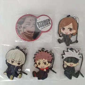 주술회전 러버 스트랩 4개 세트 + 캔뱃지 1개