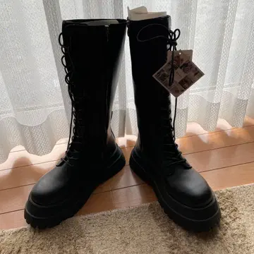 블랙 롱 부츠 통굽 레이스업