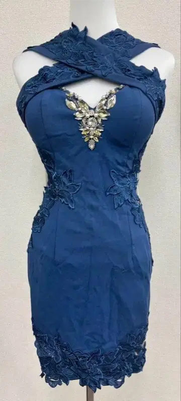 ROBE de FLEURS 네이비 비쥬 장식 타이트 드레스