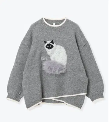 고양이 자수 그레이 긴팔 룸웨어