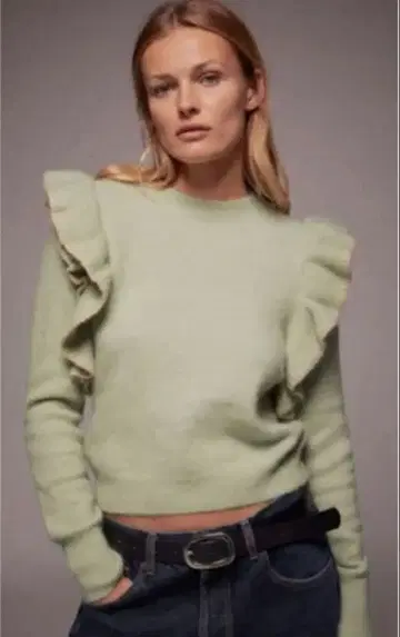 ZARA 프릴 니트 스웨터 민트 그린 사이즈 M 트리밍 자수