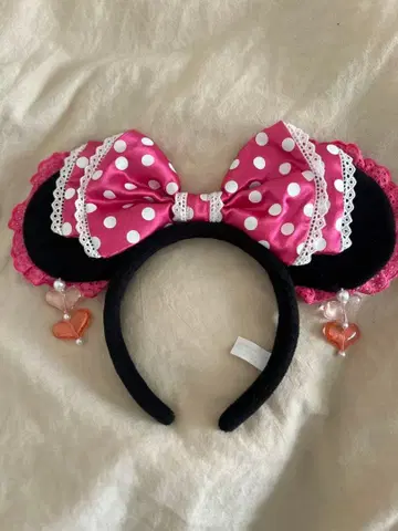 미니 머리띠 핑크 도트 리본 하트 귀찌