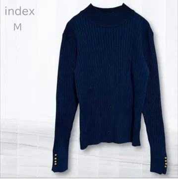 인덱스 리브 니트 스웨터 M 사이즈 네이비 기장 짧은 소매단 장식 버튼