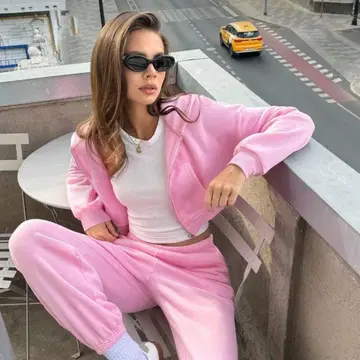 핑크 후드 부착 맨투맨 셋업