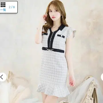 트위드 바이컬러 체크 프릴 소매 머메이드 미니 드레스