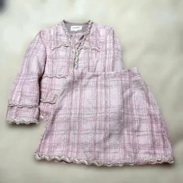 예쁜 핑크 노카라 트위드 셋업