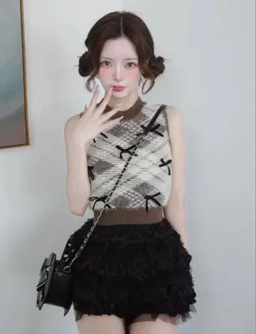 다리치 리본 샤기 체크 니트탑 브라운