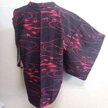 쇼와 레트로 블랙 레드 풍경 무늬 길들임 부착 겉옷