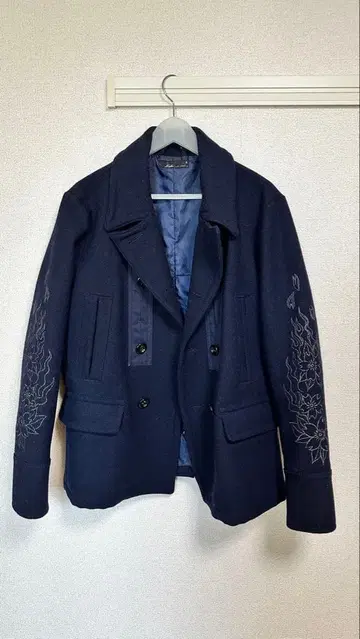 자수 네이비 피 코트 남성용 아우터