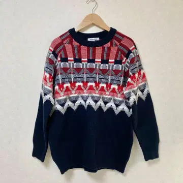 GLOBAL WORK 노르딕 무늬 긴팔 니트 스웨터 네이비/레드